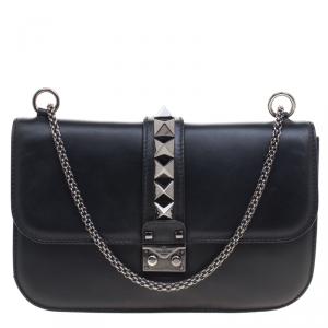 Pre Owned Valentino Black Leather Rockstud Medium Glam Lock Flap Bag