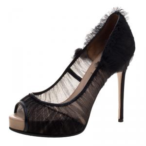 Pre Owned Valentino Black Draped Net Peep Toe Pumps Size 37