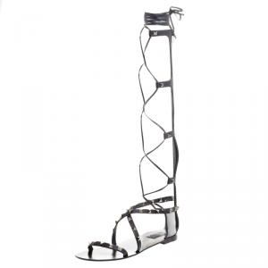 Pre Owned Valentino Black Leather Knee High Rockstud Gladiator Sandals Size 38