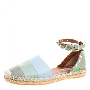 Pre Owned Valentino Tricolor Striped Leather Rockstud Ankle Strap Flat Espadrilles Size 38