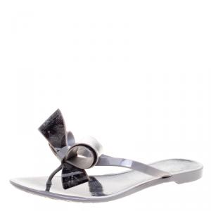 Pre Owned Valentino Grey Lace Jelly Thong Flip Flops Size 38