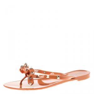 Pre Owned Valentino Orange Jelly Rockstud Bow Flat Sandals Size 39