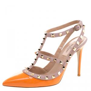 Pre Owned Valentino Beige and Orange Patent Leather Rockstud Sandals Size 38.5