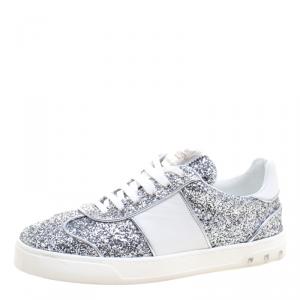Pre Owned Valentino Silver/White Glitter and Leather Fly Crew Lace Up Sneakers Size 38