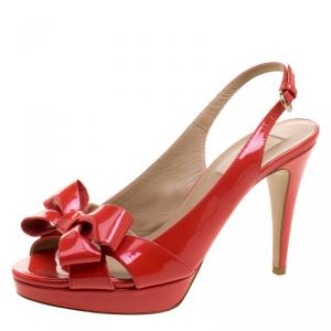 Pre Owned Valentino Red Patent Bow Slingback Platform Sandals Size 38