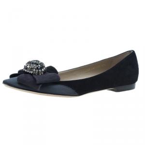 Pre Owned Valentino Black Suede and Satin Crystal Bow Ballet Flats Size 37.5 