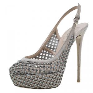 Pre Owned Valentino Beige Lattice Crystals Studded Slingback Platform Sandals Size 38 