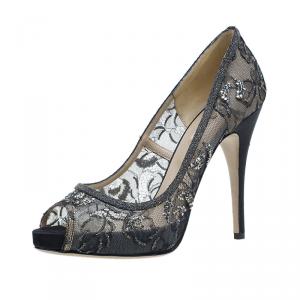 Pre Owned Valentino Black Embellished Lace and Mesh Floral Peep Toe Pumps 41