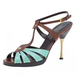 Pre Owned Valentino Turquoise and Brown Leather Ankle Strap Sandals Size 37.5 