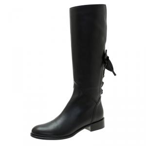 Pre Owned Valentino Black Leather Ascot Ribbon Tie Mid Calf Boots Size 39.5