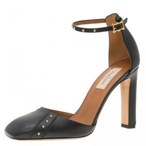 Pre Owned Valentino Black Leather Studded Ankle Strap Square Toe Pumps Size 37.5