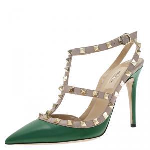 Pre Owned Valentino Green and Beige Leather Rockstud Sandals Size 37.5