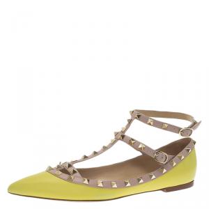 Pre Owned Valentino Yellow Leather T Strap Rockstud Ballet Flats Size 40