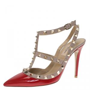 Pre Owned Valentino Red and Beige Patent Rockstud Sandals Size 37