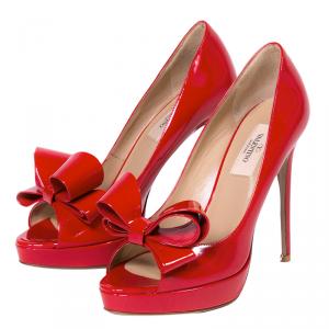 Pre Owned Valentino Red Patent Couture Bow Peep Toe Platform Pumps Size 38