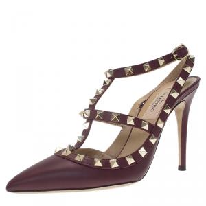 Pre Owned Valentino Burgundy Leather Rockstud Sandals Size 36.5