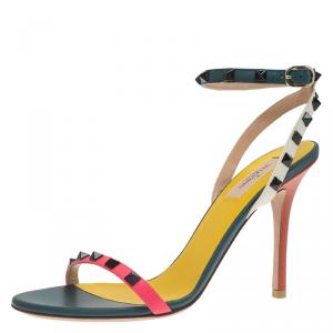Pre Owned Valentino TriColor Leather Rockstud Ankle Strap Sandals Size 40