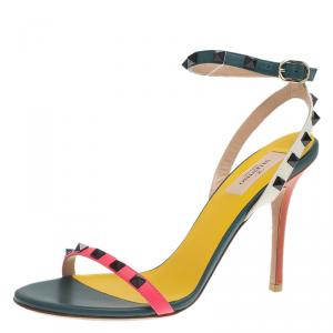 Pre Owned Valentino Tri Color Leather Rockstud Ankle Strap Sandals Size 39