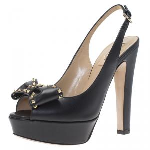 Pre Owned Valentino Black Leather Rockstud Bow Platform Slingback Sandals Size 39