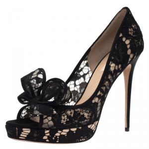 Pre Owned Valentino Black Floral Couture Bow Lace Peep Toe Platform Pumps Size 41