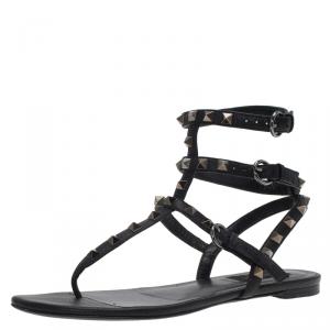 Pre Owned Valentino Black Leather Rockstud Thong Gladiator Sandals Size 37.5
