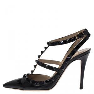Pre Owned Valentino Black Patent Leather Rockstud Sandals Size 37