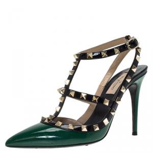 Pre Owned Valentino Green and Black Patent Rockstud Sandals Size 37
