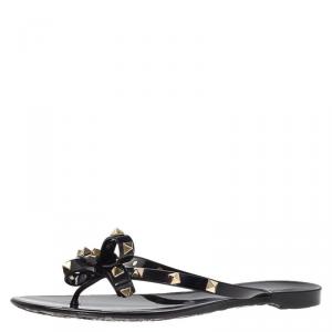 Pre Owned Valentino Black Rockstud Bow Jelly Thong Sandals Size 39
