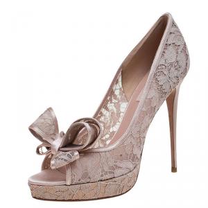 Pre Owned Valentino Beige Floral Lace Couture Bow Peep Toe Platform Pumps Size 40