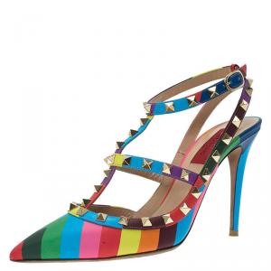 Pre Owned Valentino Multicolor Striped Limited Edition Rockstud Sandals Size 38.5