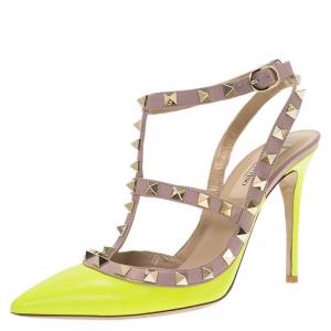 مم لوكة مسبقًا Valentino Neon Yellow and Beige Leather Rockstud Sandals Size 36.5