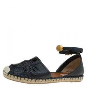 Pre Owned Valentino Black Woven Leather Ethno Ankle Strap Espadrilles Size 40