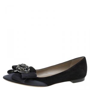 Pre Owned Valentino Black Suede and Satin Crystal Bow Ballet Flats Size 38.5