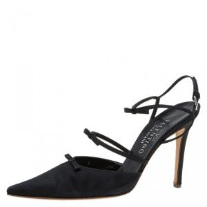 Pre Owned Valentino Black Satin Pointed Toe Ankle Strap Sandals Size 39