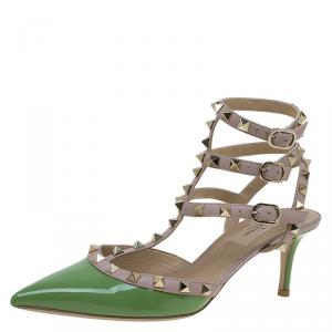 Pre Owned Valentino Green and Beige Leather Rockstud Sandals Size 37.5