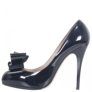 Pre Owned Valentino Black Patent Triple Bow Leather Pumps Size 39