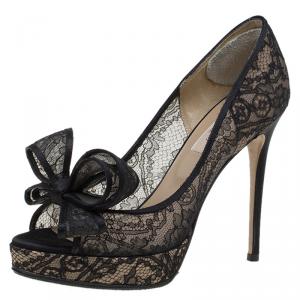 Pre Owned Valentino Black Floral Couture Bow Lace Peep Toe Platform Pumps Size 36.5