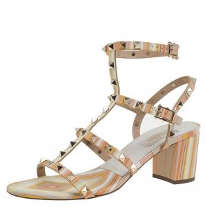 Pre Owned Valentino Native Couture 1975 Printed Leather Rockstud Block Heel Sandals Size 39.5