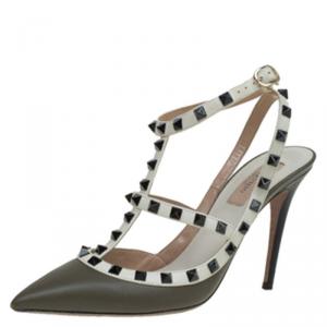 Pre Owned Valentino Olive Green and White Leather Rockstud Sandals Size 39