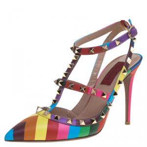 مملوكة مسبقًا Valentino Multicolor Striped Leather Limited Edition Rockstud Sandals Size 38