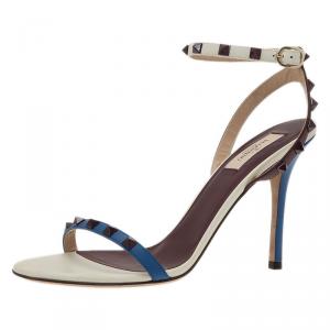 Pre Owned Valentino Tri Color Leather Rockstud Ankle Strap Sandals Size 40.5