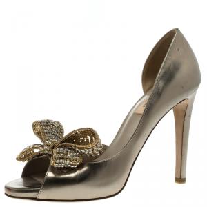 Pre Owned Valentino Bronze Metallic Leather Crystal Bow Detail  D'orsay Pumps Size 38