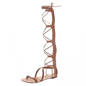 Pre Owned Valentino Brown Leather Knee- High Gladiator Sandals Size 36.5