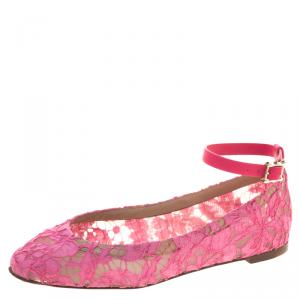 Pre Owned Valentino Pink Lace Ankle Strap Ballet Flats Size 36