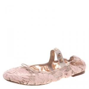 Pre Owned Valentino Blush Pink Lace Studded Ballet Flats  Size 36
