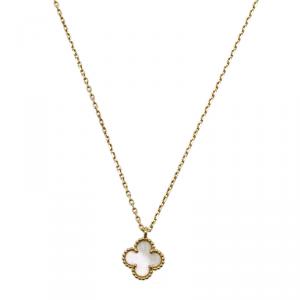 Van Cleef & Arpels Sweet Alhambra Mother of Pearl 18kt Yellow Gold Mini Pendant Chain Necklace