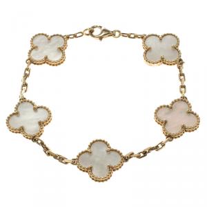 Van Cleef and Arpels Vintage Alhambra Mother Of Pearl Yellow Gold Bracelet 18 cm