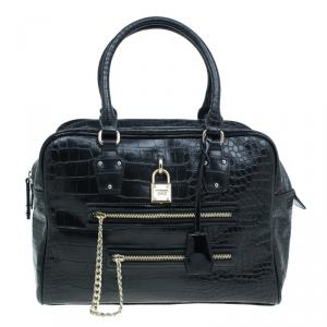 Versace Jeans Black Croc Embossed Leather Bowling Bag