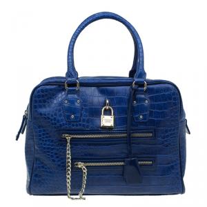 Versace Jeans Blue Croc Embossed Leather Bowling Bag