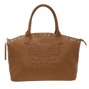 Versace Jeans Brown Pebbled Leather Crystal Studs Shopping Tote